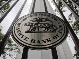 The Reserve Bank of India logo is pictured outside its head office in Mumbai